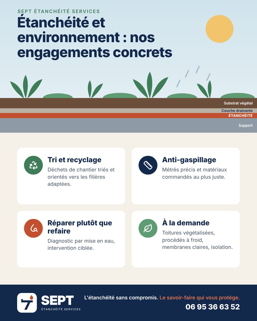 Affiche : étanchéité et environnement, nos engagements concrets